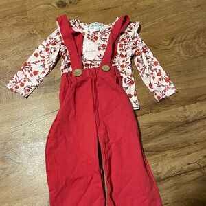 Marie Nicole Floral Long Sleeve Top with Red Overalls NWT